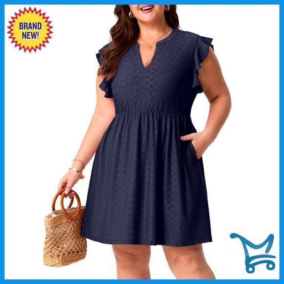 Dresses & Skirts - Plus Size Stretchy Eyelet Midi Dress with Pockets V Neck Flutter Sleeve